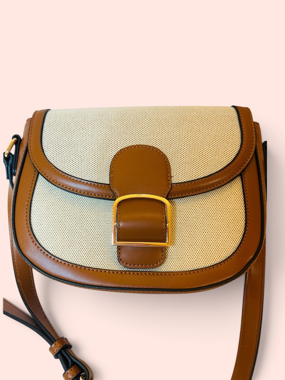 Kasqo Vegan Leather & Fabric Two-Tone Brown/Ivory Crossbody Shoulder Bag